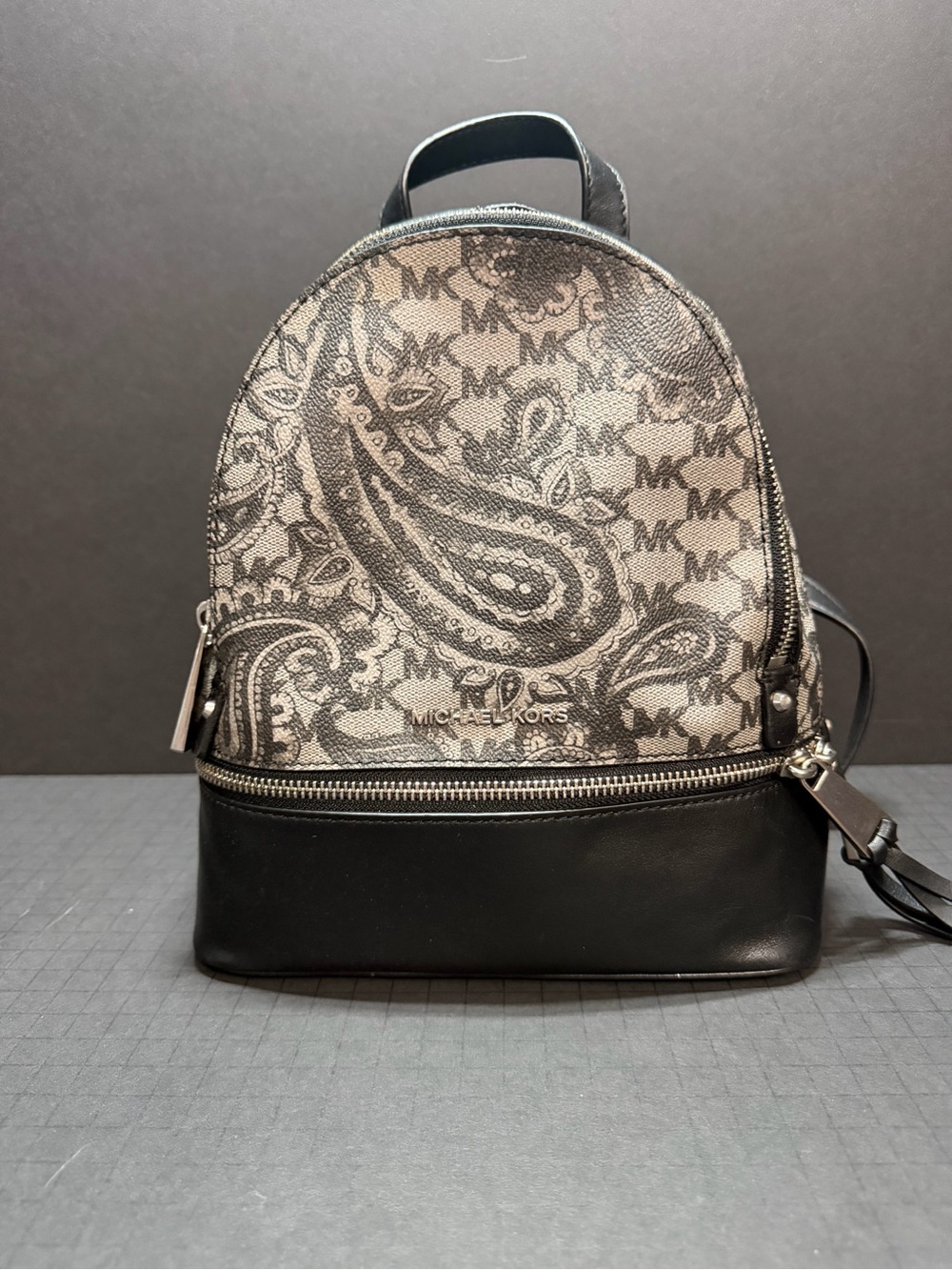 Michael Kors Rhea Paisley Logo Mini Backpack in Black and Gray